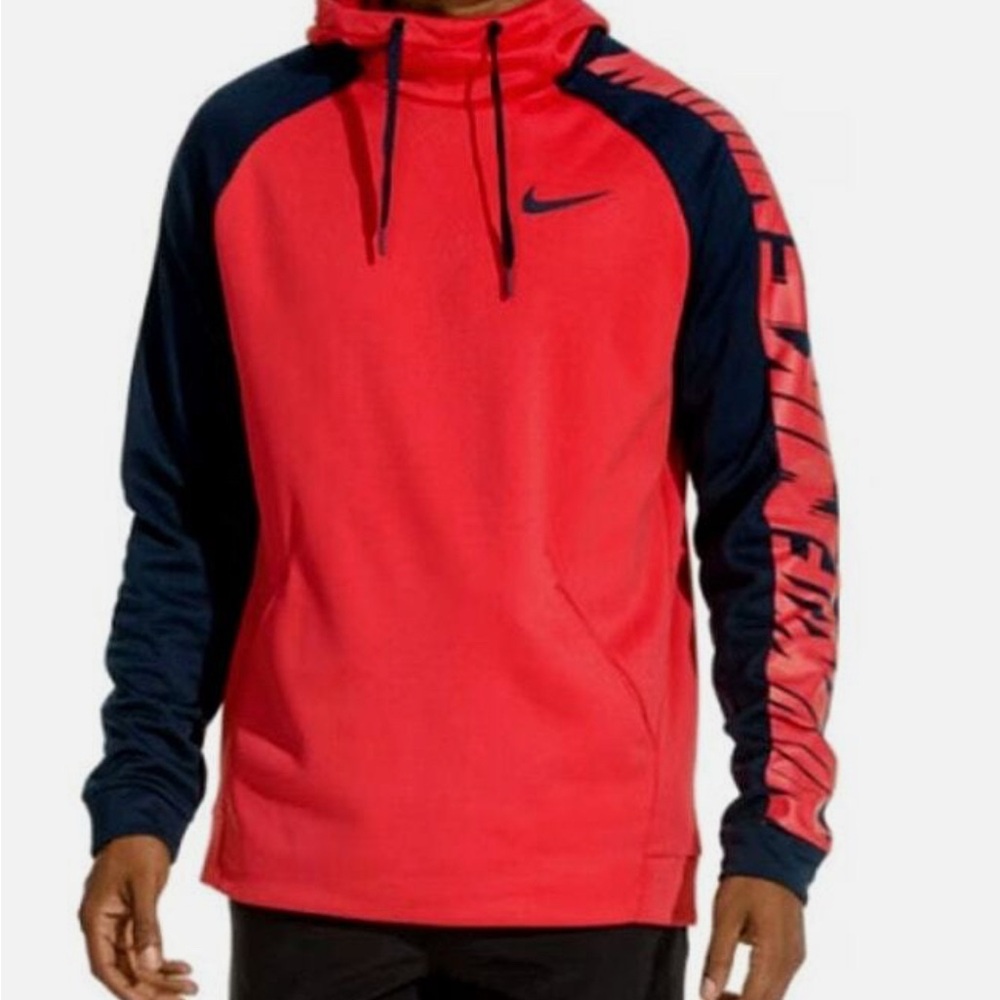 NIKE Dri-Fit Red/Navy Blue Therma Warm Pullover Training Hoodie Men's Medium